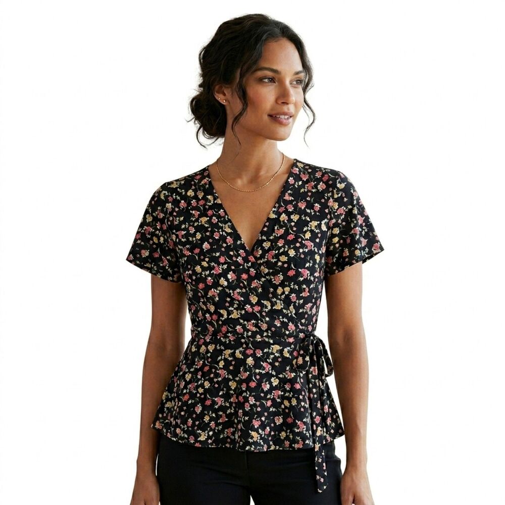 Vibe Sportswear Floral Wrap Blouse XS Black Pink Ditsy Flower Peplum Top V-Neck - Picture 1 of 8